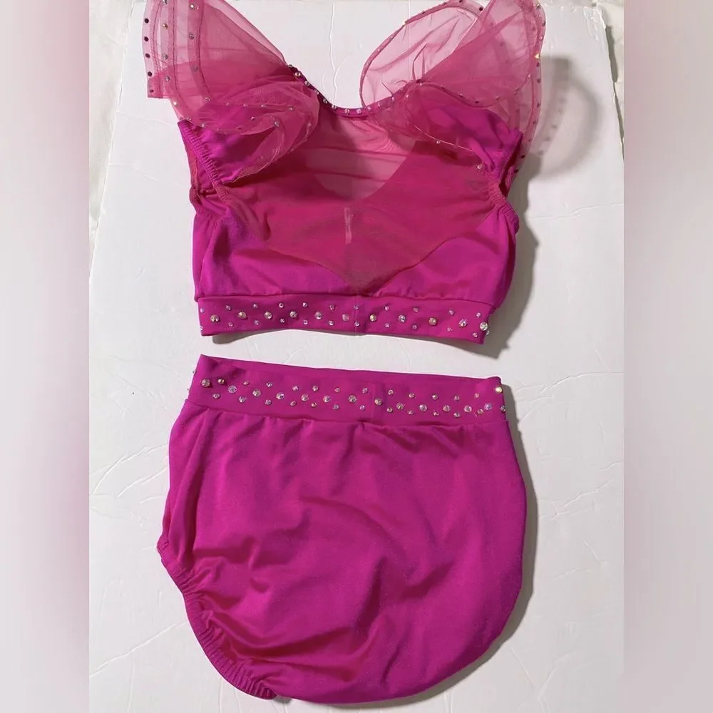 Kelle dance jazz acro solo duet costume 2 piece hot pink rhinestoned LC child